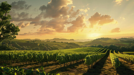 Naklejka premium A serene vineyard landscape under a golden sunset, with rows of lush grapevines stretching into the horizon, surrounded by rolling hills and a tranquil sky.