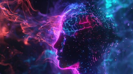 A virtual human brain with glowing red and blue colors on a cityscape background