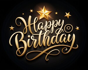 happy birthday gold calligraphy script lettering with a white star on a black background