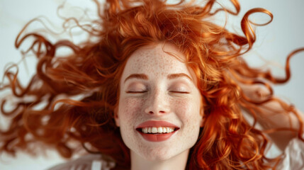 Obraz premium A blissful woman with vibrant red hair and freckles smiles with eyes closed, capturing a moment of pure joy and serenity.