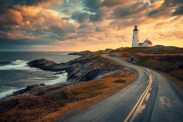 A road with a lighthouse in the distance. Road to somewhere concept