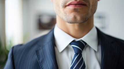 Close-up of a confident businessman in a suit and tie, symbolizing professionalism, success, and corporate leadership in an office setting.