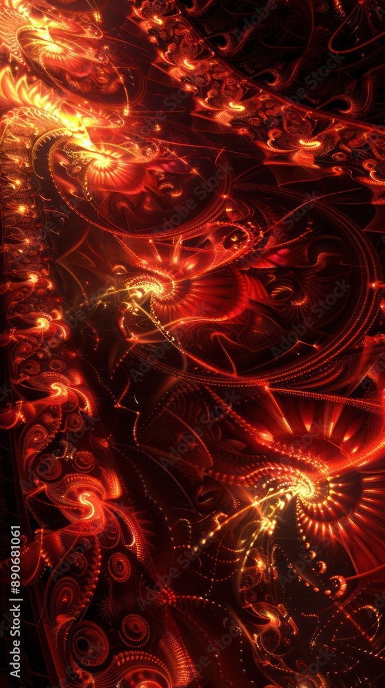 Poster a techno and futuristic abstract background with a deep red and orange theme, featuring intricate fr