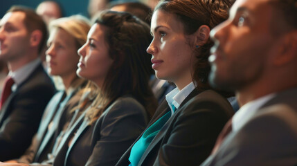 Obraz premium A line of formal-dressed attendees attentively listens to a speaker in a professional setting, reflecting concentration and eagerness to learn.