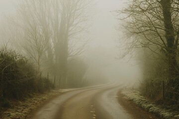 Fototapeta premium A foggy road with trees in the background. Road to somewhere concept