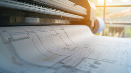 A large printer produces elaborate architectural blueprints, with soft sunlight filtering through a nearby window.