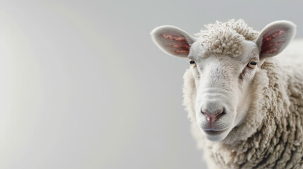 Fototapeta premium Close-up of a sheep against a simple backdrop, capturing its soft wool and gentle expression in fine detail.