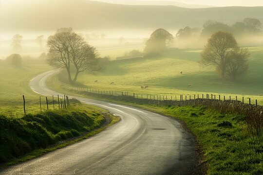 A road with a tree on the side and a fence in the background. Road to somewhere concept