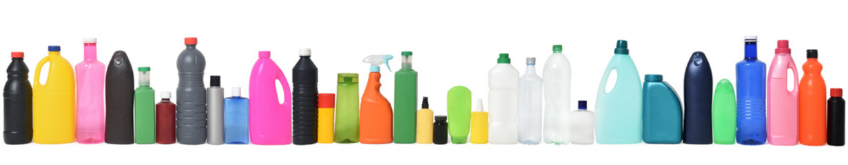 line of large group of plastic bottles for recycling on white background