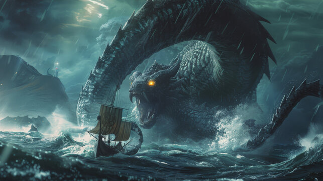 A massive sea monster with glowing eyes rises from turbulent waves, dwarfing a small Viking ship under a stormy, moonlit sky.