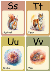 English alphabet with animals, English alphabet cards in pastel colors, watercolor animal letters