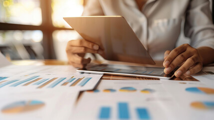 Business professional analyzing data on tablet with charts and graphs in office setting, focusing on financial performance and strategy planning.