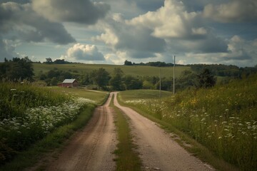Fototapeta premium A dirt road with a red barn in the distance. Road to somewhere concept