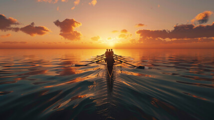 Fototapeta premium A vivid image of a rowing team paddling together on a serene body of water at sunset, creating beautiful ripples.
