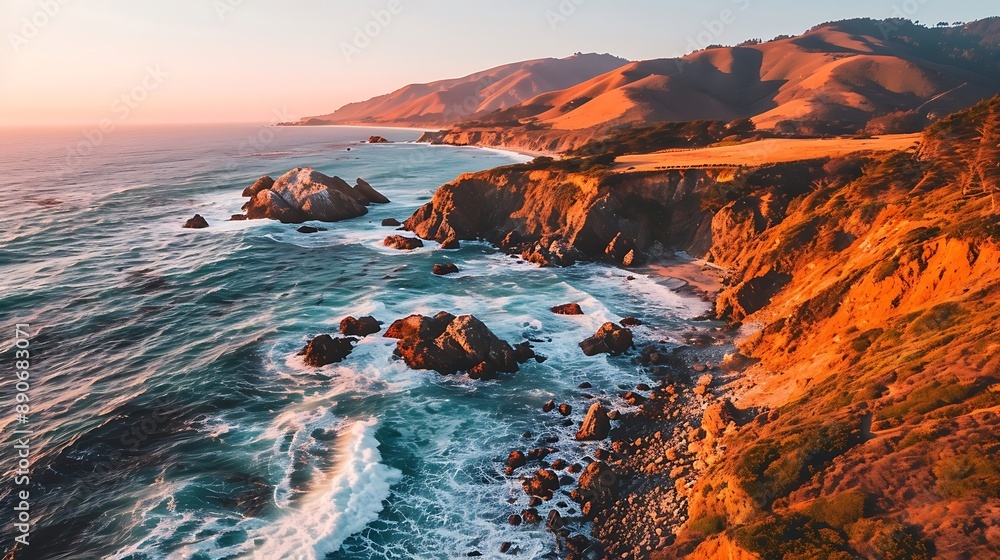 Poster aerial view capturing rolling hills extending into the horizon and beyond
