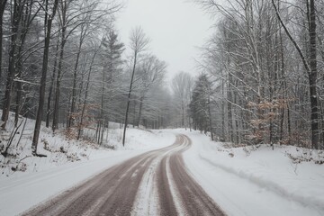 Obraz premium A snowy road with a few trees in the background. Road to somewhere concept