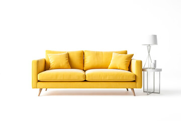 Yellow Sofa with Wooden Legs and White Side Table with Lamp