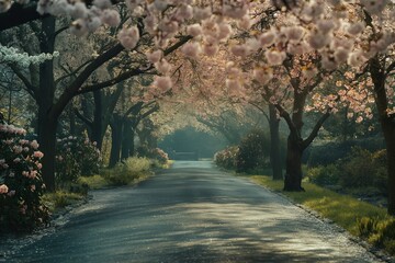 Obraz premium A road with trees on either side and a path in the middle. Road to somewhere concept