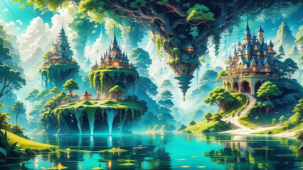 Obraz premium A fabulous landscape with a floating island.