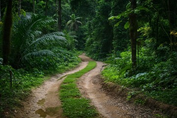 Obraz premium A dirt road in a jungle with trees on both sides. Road to somewhere concept