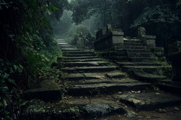 A dark, overgrown path with a stone staircase leading up to a stone building. Road to somewhere concept