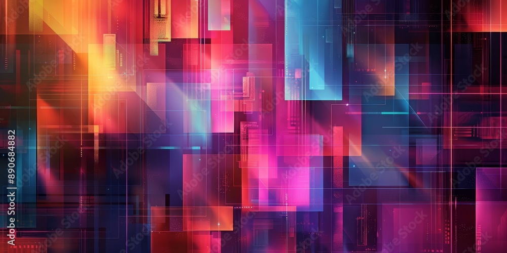 Poster abstract digital art with geometric shapes and vibrant gradients, suitable for tech-related concepts
