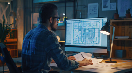 A person works late into the evening, focused on architectural blueprints displayed on a computer monitor in a dimly lit home office.
