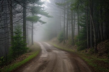 Fototapeta premium A foggy forest road with trees on both sides. Road to somewhere concept
