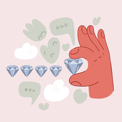 Cartoon vector illustration of Hand holds diamond. Five diamond