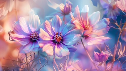 Obraz premium flowers in dreamy pastel shades, blending hues of pink, purple, and blue against a soft, light background, evoking a sense of calm and tranquility.