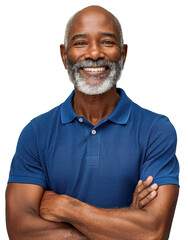 Happy senior Black man in his 60s, smiling warmly with a gray beard, wearing a blue polo shirt and smiling