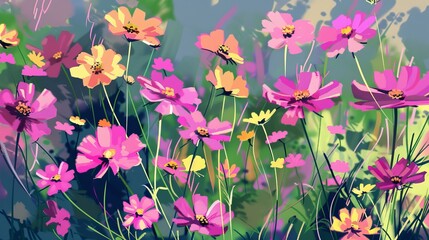 meadow filled with delicate wildflowers, showcasing a variety of pink, yellow, and purple hues with a lively, abstract background.