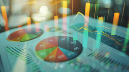 Illuminated various financial charts and graphs overlaying a blurred background, showcasing data analysis and trends.