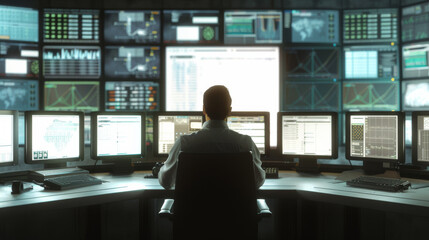 A figure sits in front of numerous monitors in a dim control room, each display glowing with intricate data, embodying the essence of advanced technological surveillance and management.