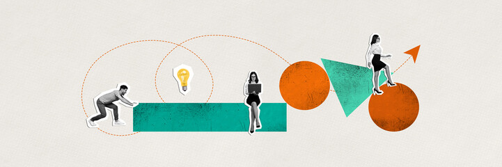 Sketch image composite artwork collage of workspace geometry figure arrow grow coworking young man lady office manager success idea lamp