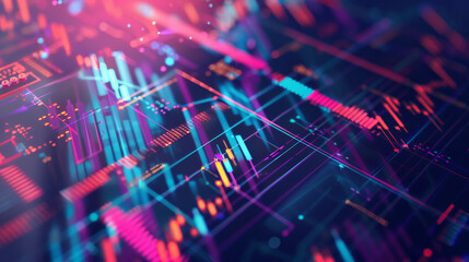 Colorful, abstract representation of financial data and graphs with glowing lines and bright, dynamic patterns, indicating digital analysis and information flow.