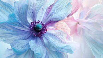 Obraz premium A vibrant close-up image showcasing a flower with pastel-hued petals and a prominent, intricately detailed central bloom, emphasizing its delicate and etherial beauty.