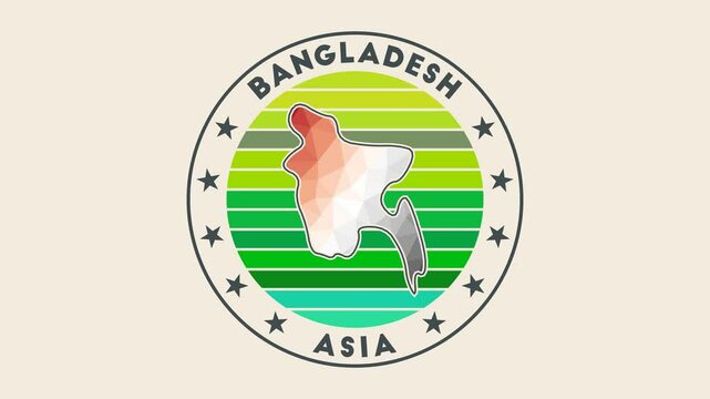 Bangladesh intro video. Badge with the circular name and map of the country in low poly tech geometric style. Neat country round logo animation.