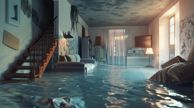 A flooded living room with water covering the floor and debris floating around creates a melancholic scene of disruption and damage.
