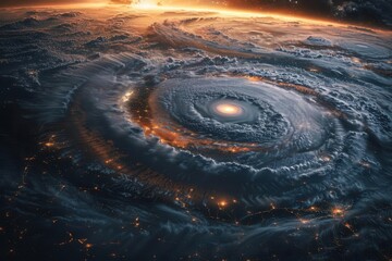 Space shot of Hurricane Ian, Florida state, 3D illustration, storms impact on cities, detailed and vibrant, clear atmospheric effects