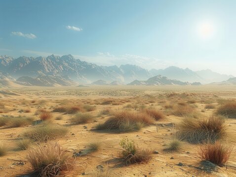 Rocky desert, sparse vegetation, landscape shot, harsh sunlight, rugged terrain, isolated feel