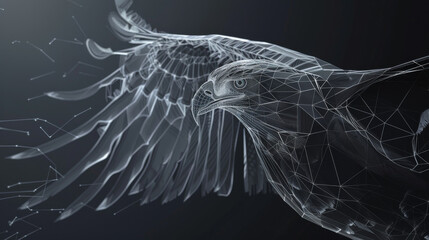 A digital art piece of an eagle with intricate, geometric wireframe design spread across its wings, representing freedom and modern technology.