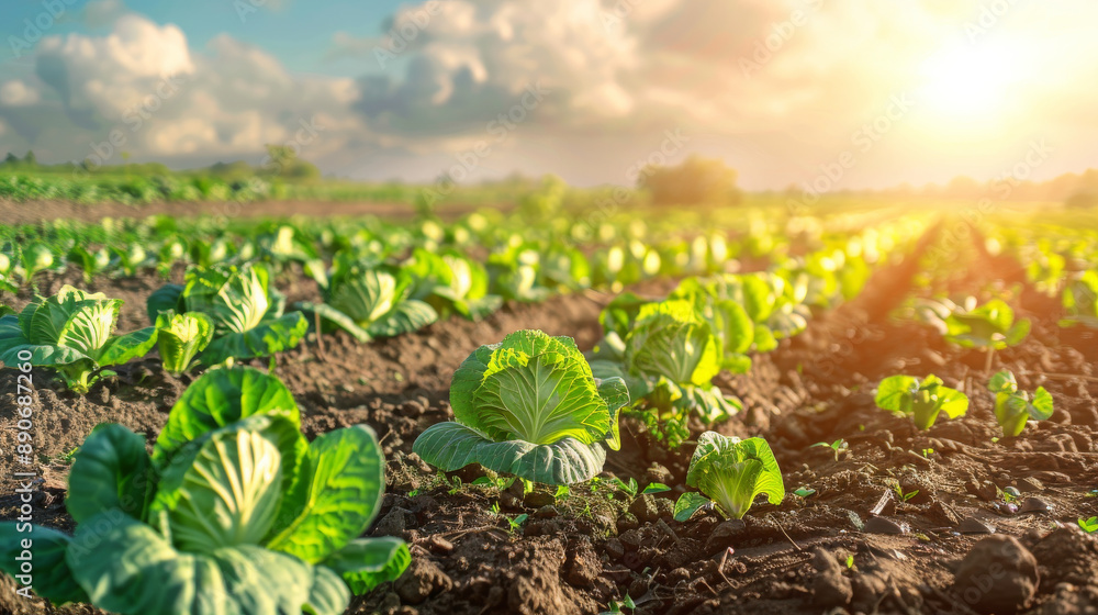 Canvas Prints A lush field of cabbages basks in the soft, golden light of sunrise, capturing the tranquil essence of early morning farm life.