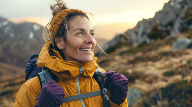 A woman dressed warmly in a yellow jacket smiles as she hikes through a mountainous landscape at sunset, exuding a sense of joy and adventure.