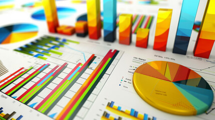 Colorful bar charts and pie charts on a white background, showing vibrant data visualizations, analysis, and interpretation.