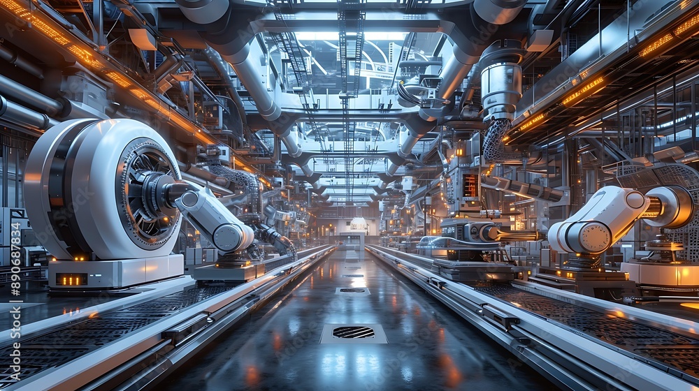 Poster an ai-driven factory floor with robotic arms