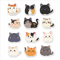 Cute Cat Sticker Sheet: Playful Cartoon Cats on a Crisp White Background