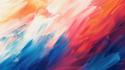 Bold dynamic abstract painting with a blend of red, blue, and orange strokes, evoking energy and movement.