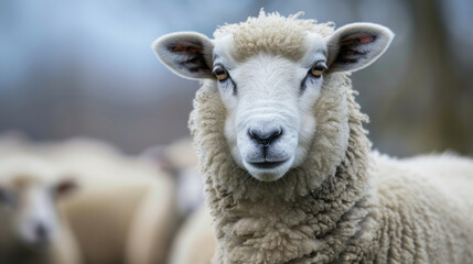 Obraz premium A single fluffy sheep in a field, exuding calmness and pastoral simplicity with clear focus.