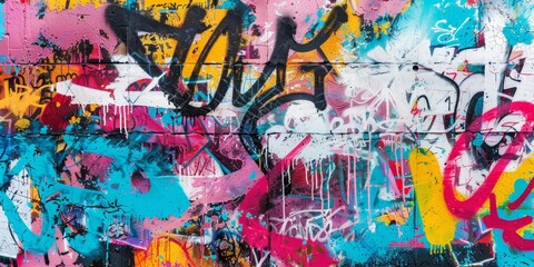 Naklejka premium A colorful graffiti wall with layers of paint, stencils, and tags, showcasing the vibrant and chaotic texture of urban street art, perfect for edgy and modern backgrounds